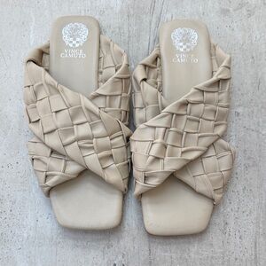 Vince Camuto Woven Cross-Strap Slide Sandals in Beige